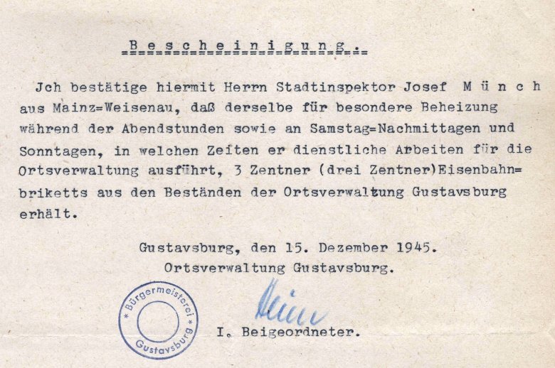 Neues vom Stadtschreiber: Bescheinigung für drei Zentner Eisenbahnbriketts