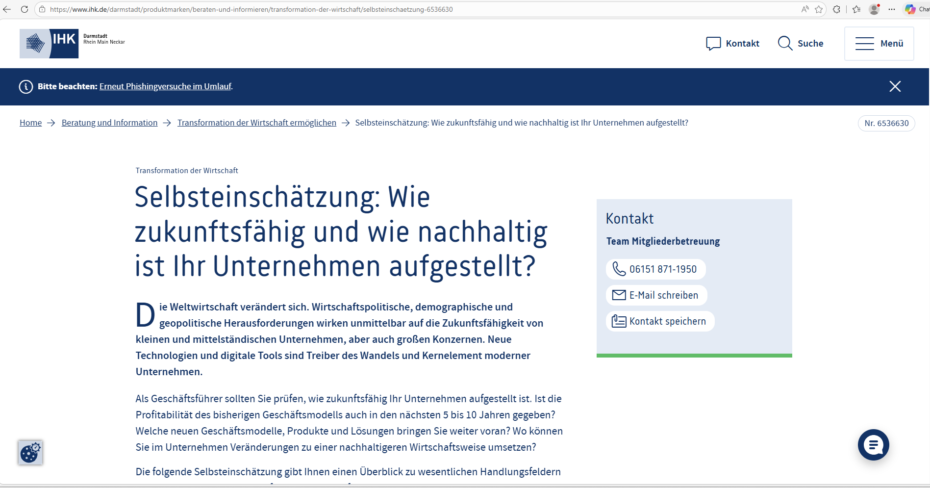 Screenshot der IHK-Website